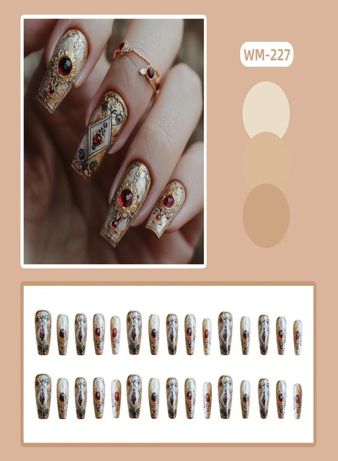 CJDLTS Press on Nails Medium Ballet Shaped Red Rhinestones Golden Totem Pattern Design Acrylic False Nail Full Cover Glossy Artificial Fingernails 24Pcs Reusable Glue on Nails for Women - Image 2